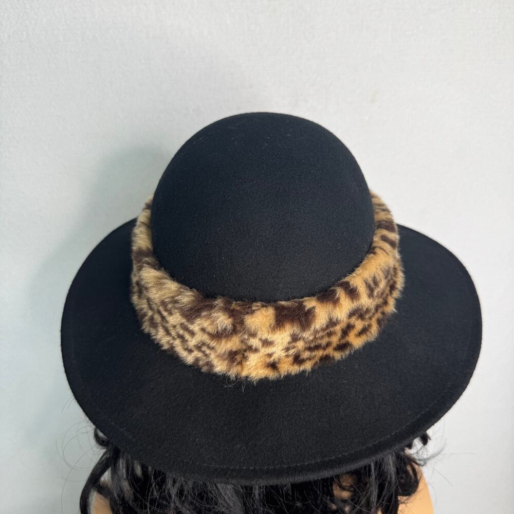 Vintage 1980s Black Wool Felt Wide Brim Hat Leopard Faux Fur Made USA 22” - Picture 10 of 14